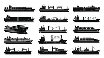 Obraz premium Black White Cargo Ships Silhouettes Set - Vector Illustration for Maritime Industry