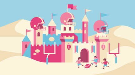 Fototapeta premium Playful outdoor scene with kids enjoying football by a unique sandcastle illustration