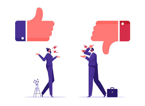 Conflict and argument between colleagues or people concept, controversy or difference opinion, disagree, businessman and woman furious arguing on difference thumb up and down