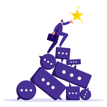 Feedback and comment for success concept, effective meeting or discussion to get solution and achieve target, businessman climb up conversation bubble to reach star