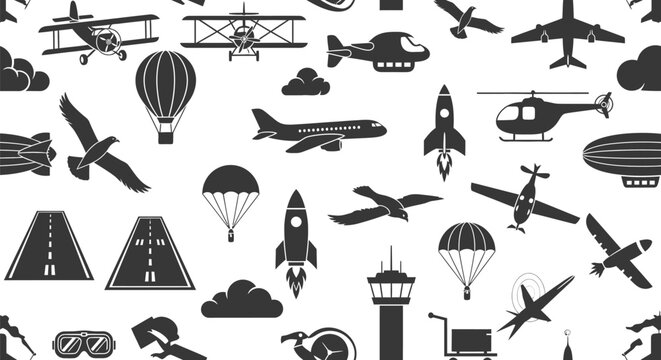 Seamless Pattern of Aviation and Aircraft Silhouette Icons.