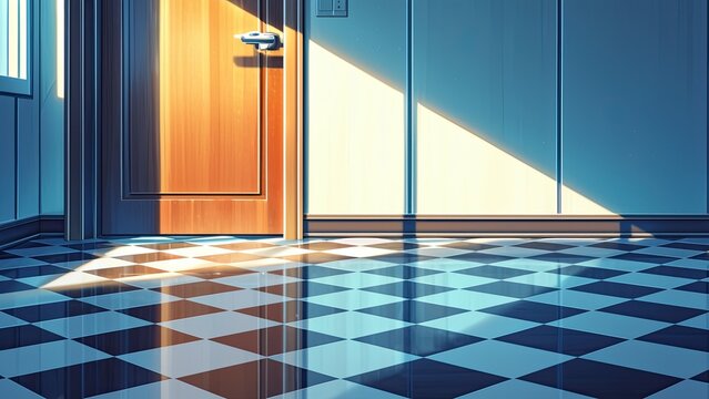 光が差し込む市松模様フロア 室内背景イラスト