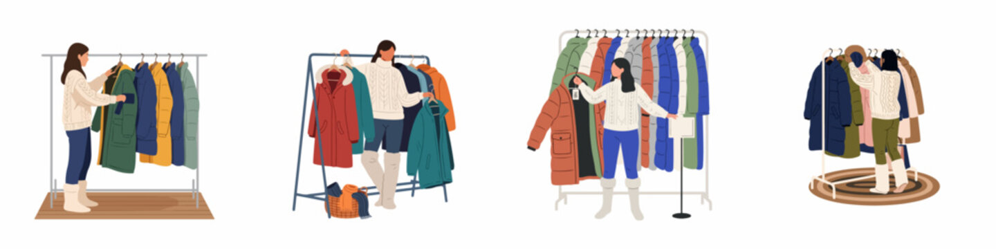 Set of flat vector illustrations featuring women choosing and browsing winter coats and jackets from clothing racks in a retail store setting.