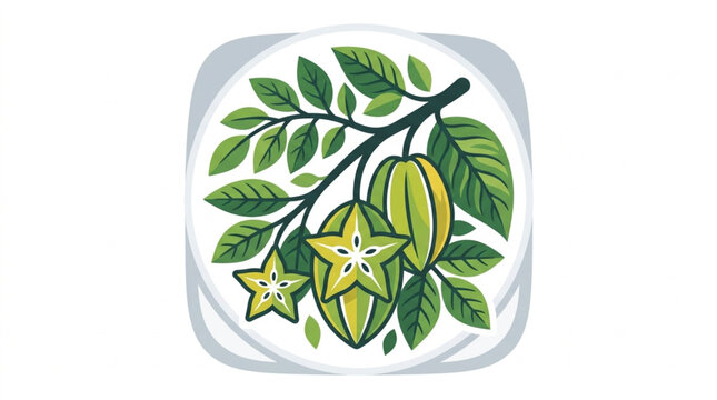 Star Fruit Branch with Leaves and Ripe Fruits.