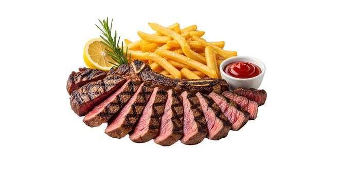 Grilled sliced ribeye steak with golden fries and red ketchup.