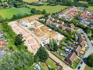 Interesting drone UAV view of a small housing development seen in early summer in Cambridgeshire, UK. © Nick Beer