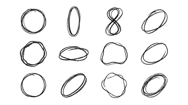 Hand drawn charcoal circle sketches on transparent background.