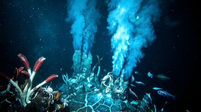 Glowing Deep Sea Hydrothermal Vent Ecosystem with Marine Life