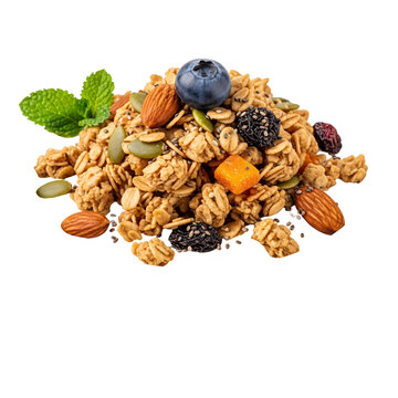 Healthy granola breakfast bowl mix with nuts and dried fruits.