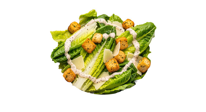 Healthy caesar salad with fresh lettuce and croutons on white.