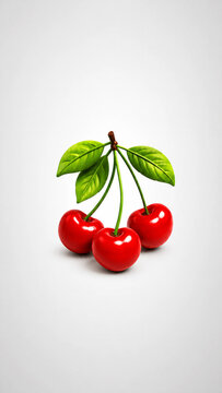 Glossy Red Cherries with Green Leaves 3D Render Phone Wallpaper on Minimal Gray Background