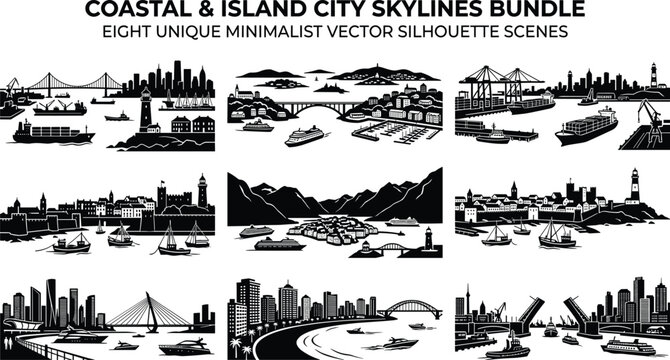 Coastal and Island City Skylines Bundle with Minimalist Vector Silhouette Scenes and Harbor Views