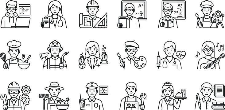 Diverse outline character icons representing different professions for web design in line art.