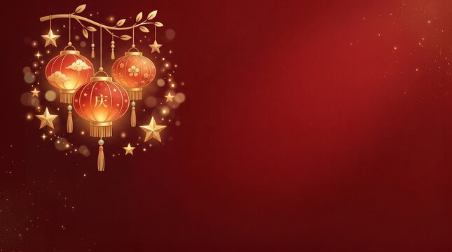 Elegant chinese new year lanterns and stars on a crimson background festive holiday design