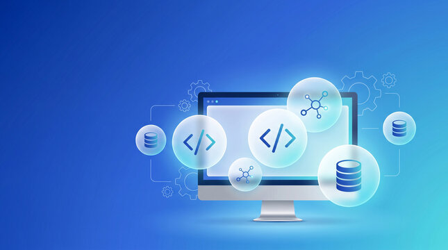 The desktop computer monitor with a floating glassmorphic bubbles showing container management in programming, code syntax, and database stacks
