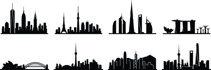 Obraz premium Famous city skyline silhouettes set including New York, Tokyo, Dubai, Singapore, Sydney, and Shanghai architectures