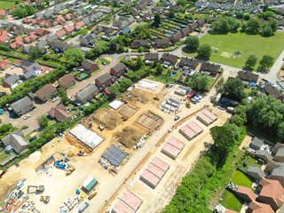 Interesting drone UAV view of a small housing development seen in early summer in Cambridgeshire, UK. © Nick Beer