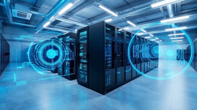 Server room with digital holograms