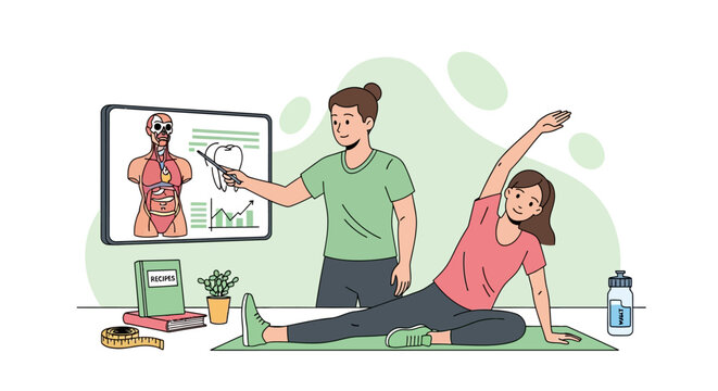 Fitness instructor teaching anatomy and exercise to a student.