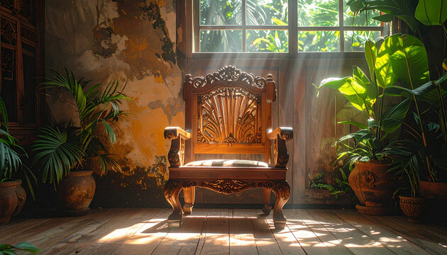 Ornate wooden chair in sunlight with plants suggesting relaxation and comfort