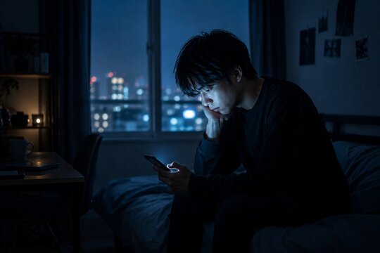 深夜にスマートフォンを見る日本人男性
Japanese man looking at smartphone at night