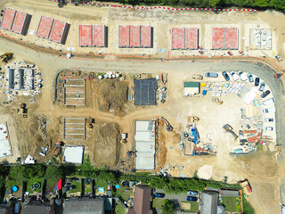 Interesting drone UAV view of a small housing development seen in early summer in Cambridgeshire, UK. © Nick Beer