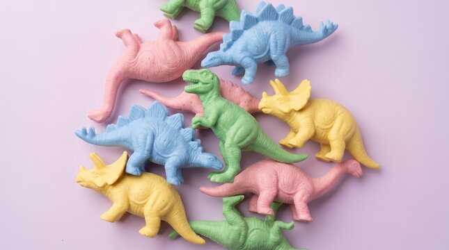 Colorful Plastic Dinosaur Toys Collection on Pastel Background for Kids Education and Playtime Concept Flat Lay Photography