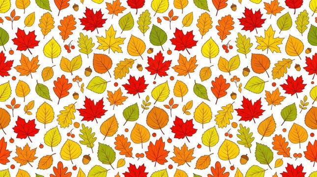 Vibrant autumn leaves pattern with acorns and berries on white background