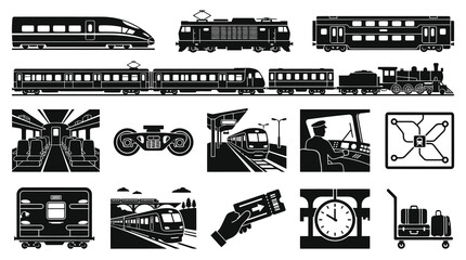 Obraz premium Black and White Vector Icons of Trains, Subway, Transportation, and Travel