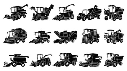 Obraz premium Agricultural Farming Machinery: Black White Glyph Vector Set of Combine Harvesters, Tractors, and Farm Vehicles.