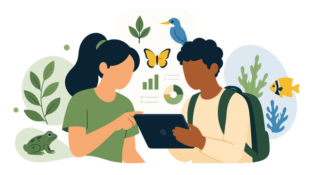 Two people using tablet together for learning.