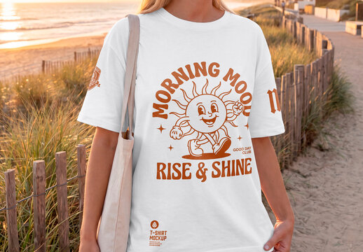 Women T Shirt Mockup at Beach