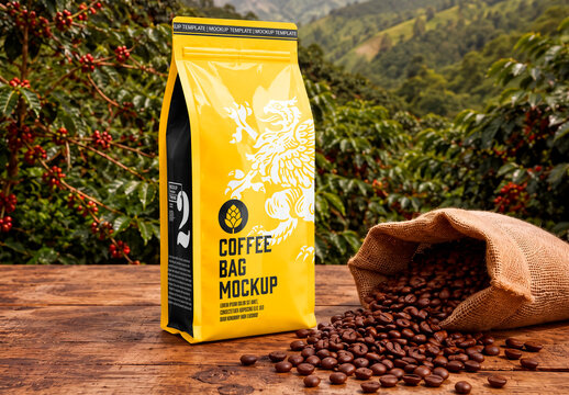 Coffee Bag Packaging Mockup on Plantation