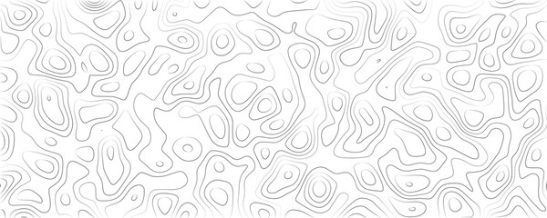 Topographic map contour lines, abstract grey wavy pattern on a white background, geographic elevation lines, cartographic terrain texture © VxGFX