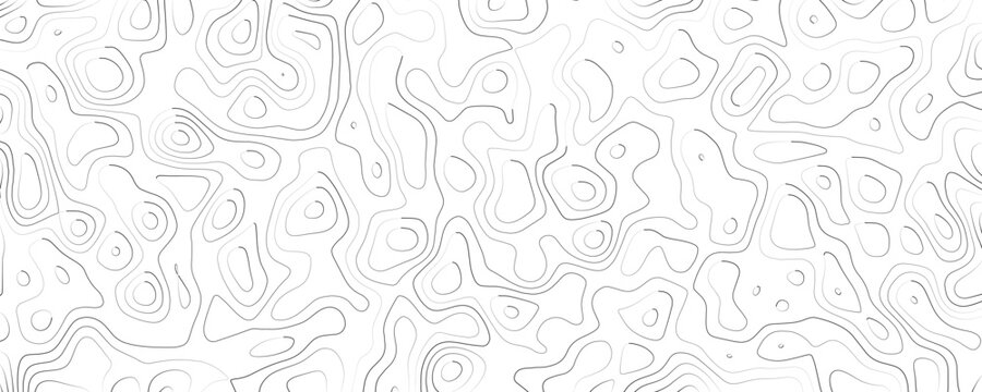 Topographic map contour lines, abstract grey wavy path patterns on a white background, cartographic elevation lines, geographical terrain mapping, line