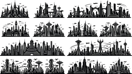 Obraz premium Futuristic city skyline vector silhouettes set with modern sci fi buildings and flying vehicles