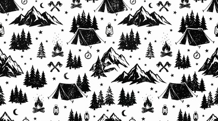 Distressed camping pattern with mountains tents and pine trees © Level Zero