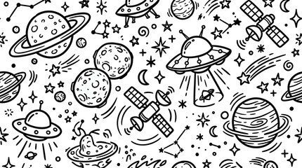 Outer space doodle seamless pattern with planets ufos and stars © Level Zero