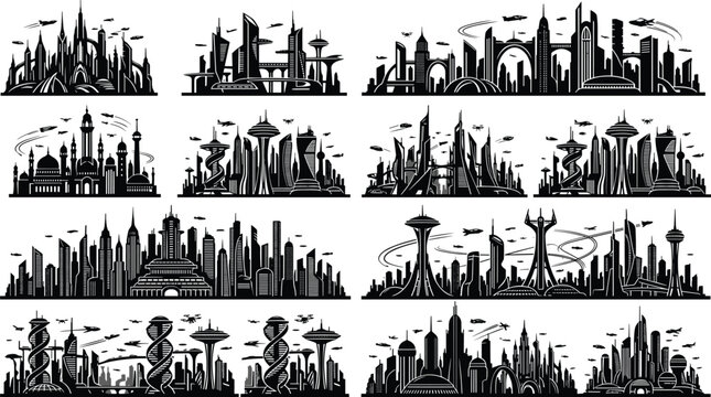 Futuristic city skyline vector silhouettes set with modern sci fi buildings and flying vehicles