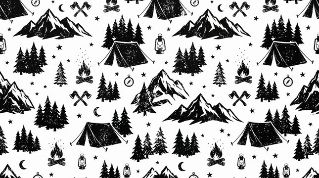 Distressed camping pattern with mountains tents and pine trees