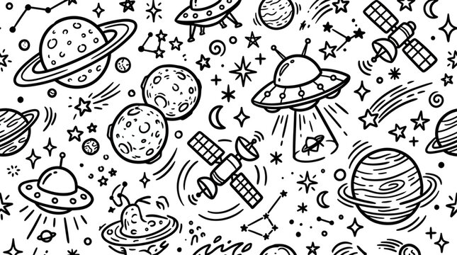Outer space doodle seamless pattern with planets ufos and stars