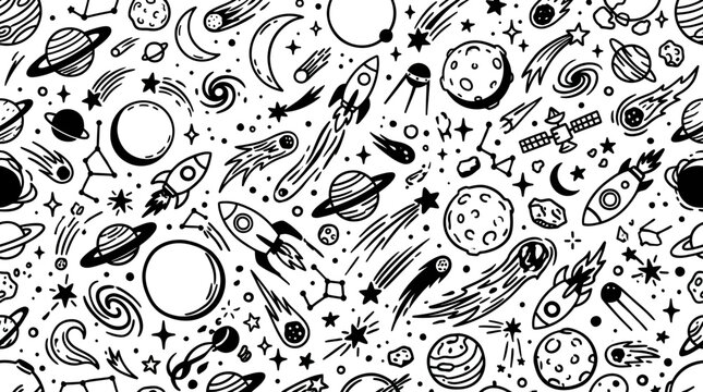 Seamless outer space doodle pattern with rockets and planets