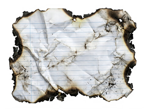 Burnt lined paper with charred edges on white background transparent background