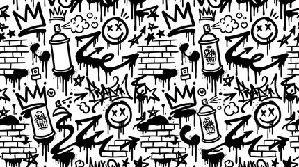 Seamless urban street art pattern with spray cans and crowns © Level Zero