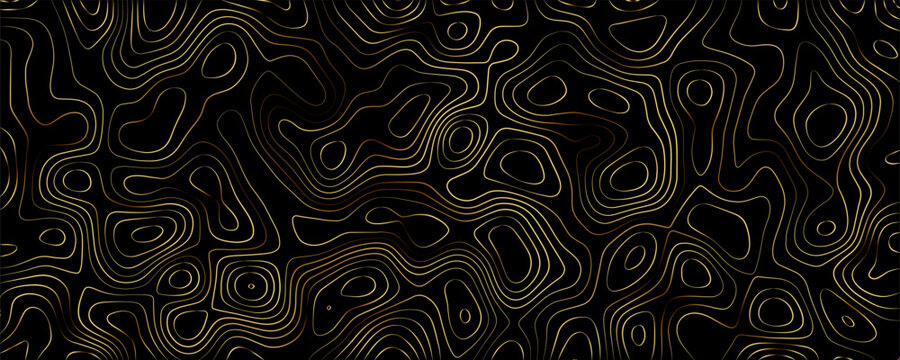 Gold topographic map contour lines pattern on a solid black background, abstract wavy linear texture