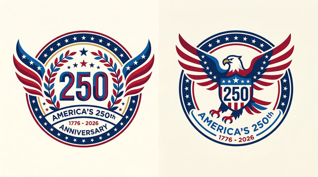America's 250th Anniversary Circular Logo Set with Patriotic Bald Eagle, Laurel Wreath, and Star Spangled Wings Semiquincentennial 1776 to 2026 Vintage Badge Vector