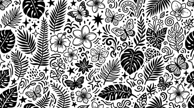 Seamless tropical pattern with palm leaves flowers and butterflies
