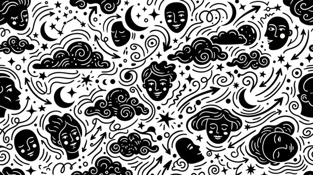 Seamless mystical pattern with human faces moons stars and clouds