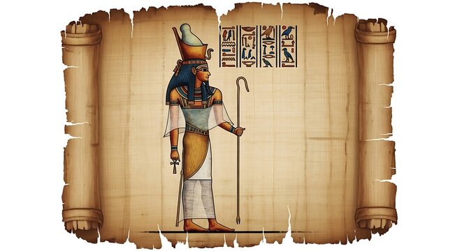 Ancient Egyptian pharaoh statue holding crook and flail on aged parchment scroll background.