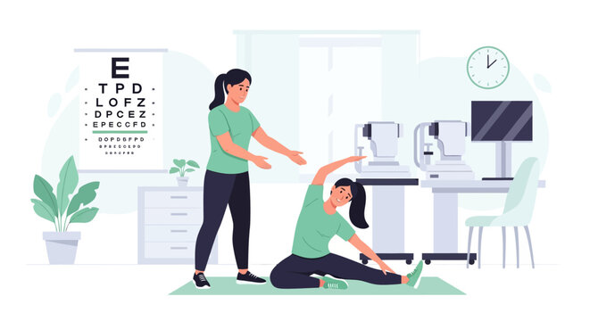 Physical therapist assisting patient with stretching exercise in clinic.